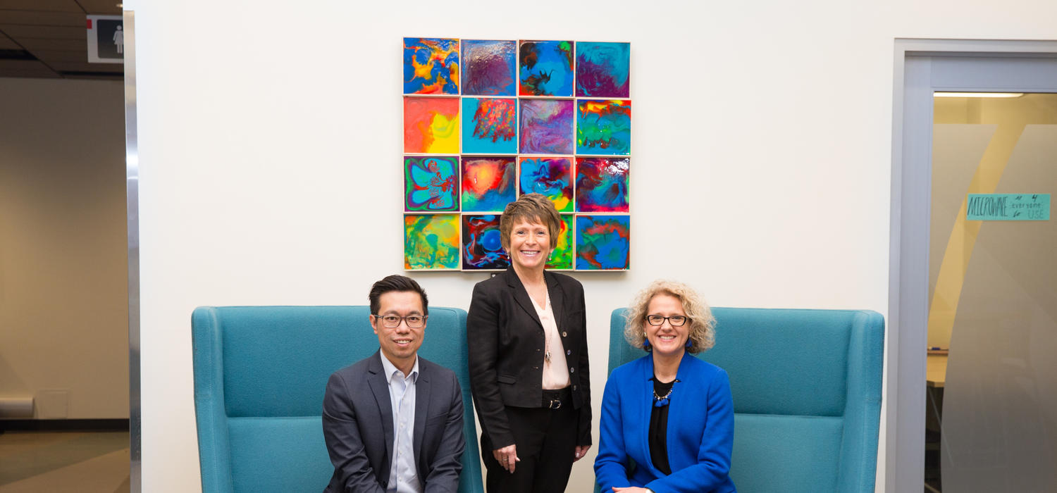 Andrew Szeto, director of the Campus Mental Health Strategy, left; Jacqueline Smith, newly appointed director of mental health and wellness for the Faculty of Nursing; and Dean Sandra Davidson launch a three-year initiative prioritizing mental health in the Faculty of Nursing. Photo by Riley Brandt, University of Calgary