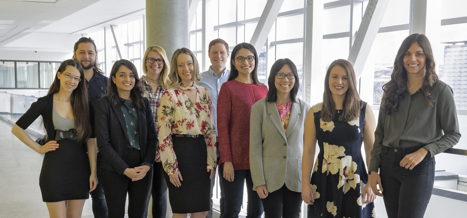 The 2019 UCalgary 3MT finalists, from left: Emily Macphail, Benjamin Blyth, Nisha Vashi, Laura Crack, Carly Pontifex, Darren Mazzei, Laura Rios-Carreno, Annie Hoang, Rachel Kratofil, Lucy Poley. Photo by Dan Ferguson, Faculty of Graduate Studies