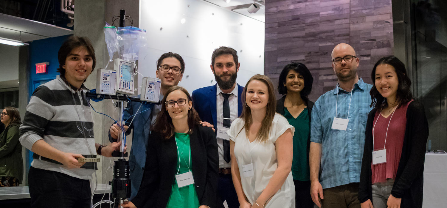 The winning team in the Innovation 4 Health competition received $30,000 for their automated, modular IV pole. Back row from left: Luis Souto Maior, David Tanhelson, Curt Zerr, Saba Aslam, Richard Beddoes, Lauren Wong. Front row: Miriam Nightingale, left, and Chelsea Ford-Sahibzada. Photos by Andres Kroker 