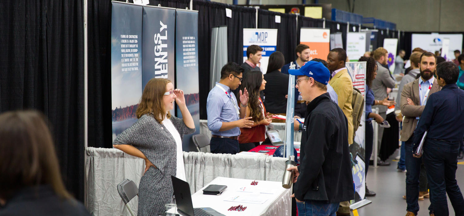 UCalgary students speak with potential employers during a career fair on campus on Sept. 26, 2017. Photos by Riley Brandt,, University of Calgary