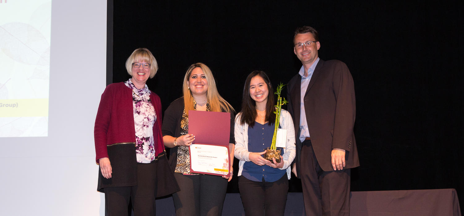 UCalgary’s Standardized Waste Bin Project won the 2019 Staff Sustainability Award: Group Leadership. Ana Pazmino, centre left, and Natasha Yee, centre right, accepted the award on the group’s behalf from Florentine Strzelczyk and Bart Becker. Photos by Riley Brandt, University of Calgary