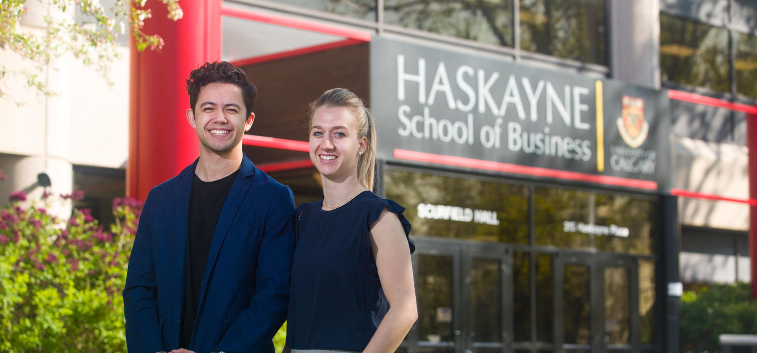 Roberta Stinn and Patrick Ma are part of the inaugural cohort in the new Master of Management program at the University of Calgary's Haskayne School of Business. Photo by Riley Brandt, University of Calgary 