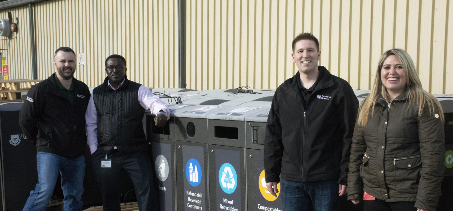 Old recycling and waste diversion bins are headed to the University of Regina to help them develop a more robust recycling program. From left: Lee Aument, University of Regina; Samuel Whyte, UCalgary; Vincent Ignatiuk, University of Regina; and Ana Pazmino, UCalgary. Photos courtesy Geremy Lague, University of Regina