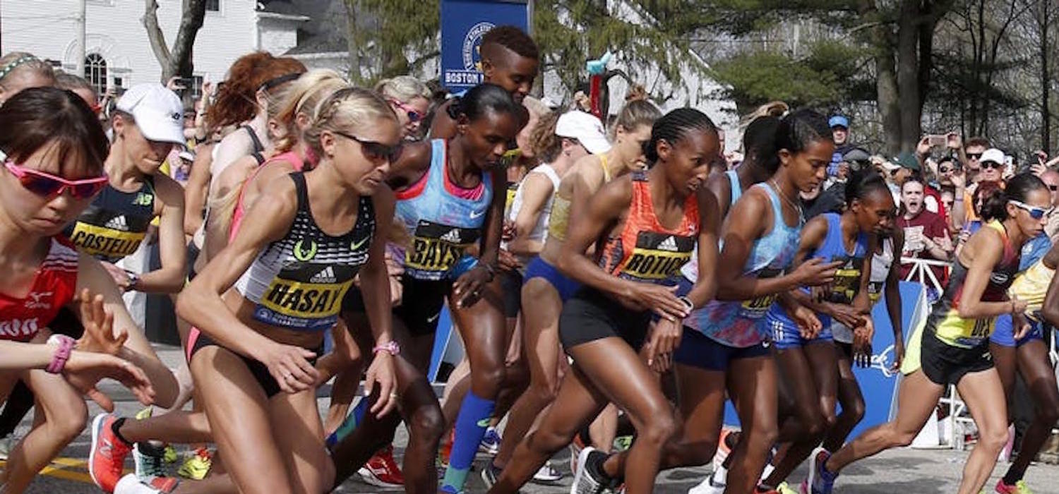 The elite women at the starting line of the 2017 Boston Marathon, a 26.2-mile distance competition.