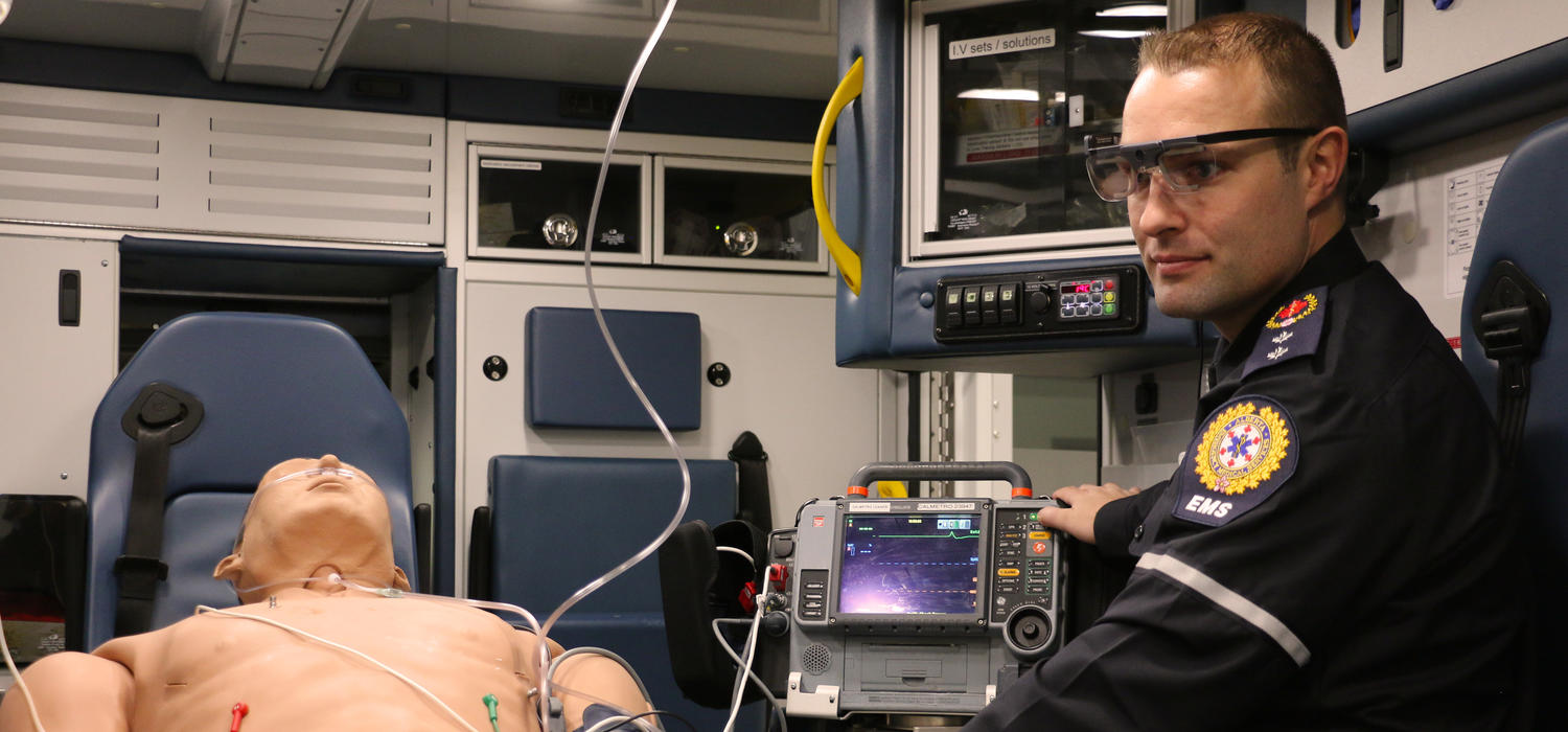 In this simulation Greg Sikora, EMS paramedic, is wearing the eye tracking glasses that assisted in the study. 