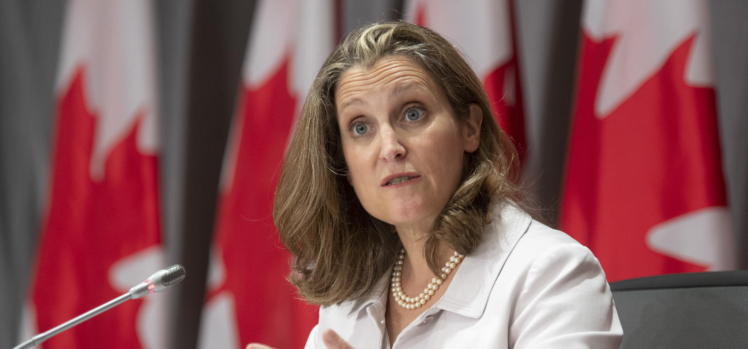 Deputy Prime Minister and Minister of Finance Chrystia Freeland responds to a question during a news conference on Aug. 20, 2020 in Ottawa.