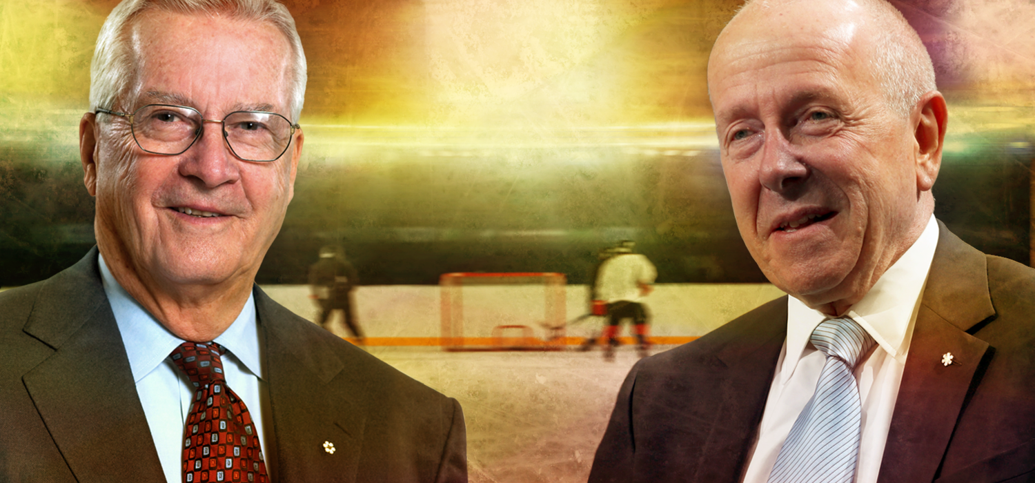 Harley Hotchkiss and Larry Tanenbaum in compliation image with hockey rink background