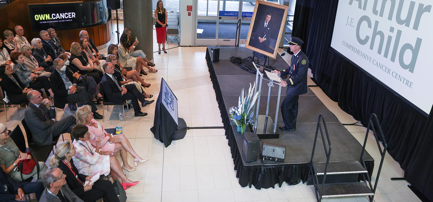 Lorne Miller, cancer patient and City of Calgary firefighter, speaks at the gift and naming announcement at the new Arthur J.E. Child Comprehensive Cancer Centre.