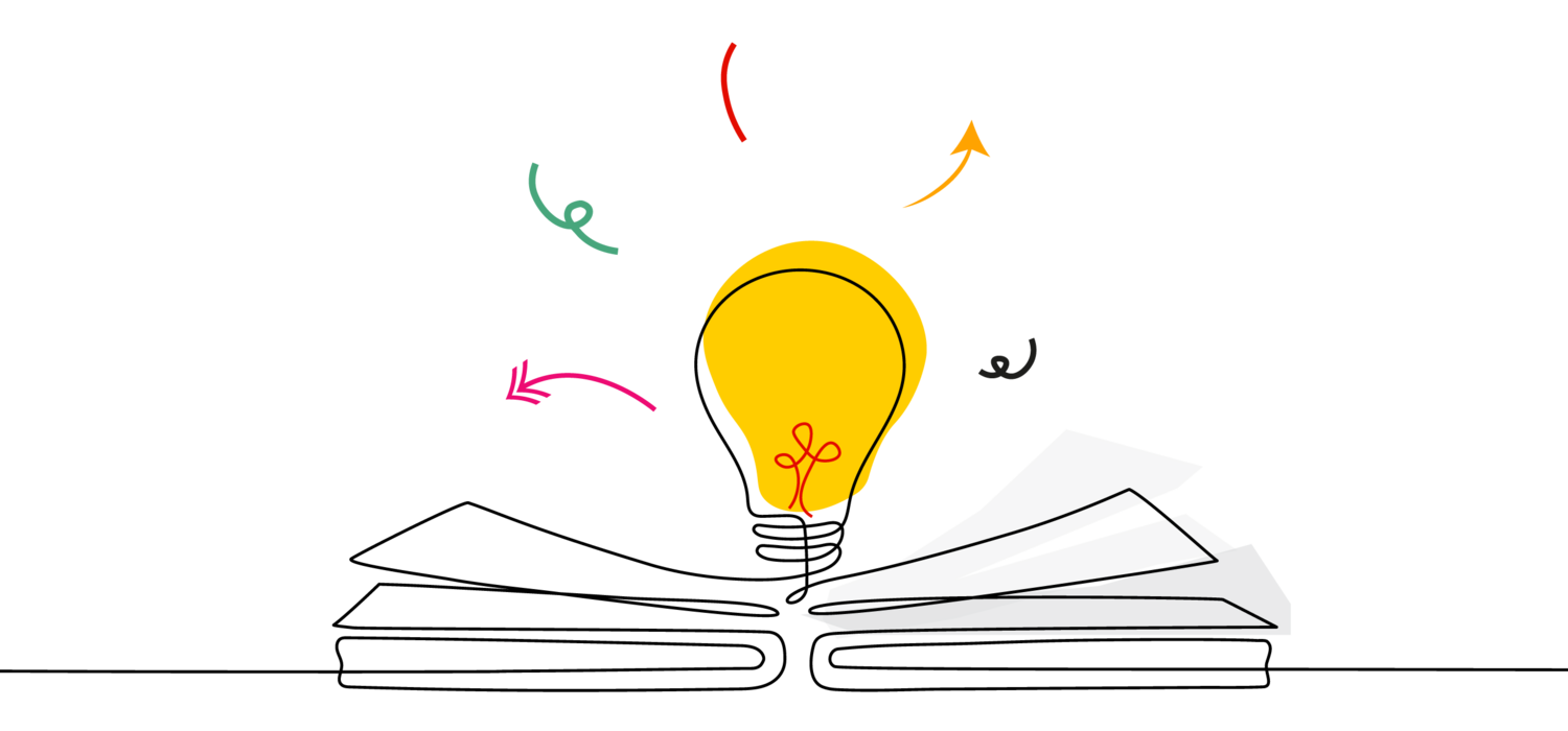 An illustration with an open book and a lightbulb above it.