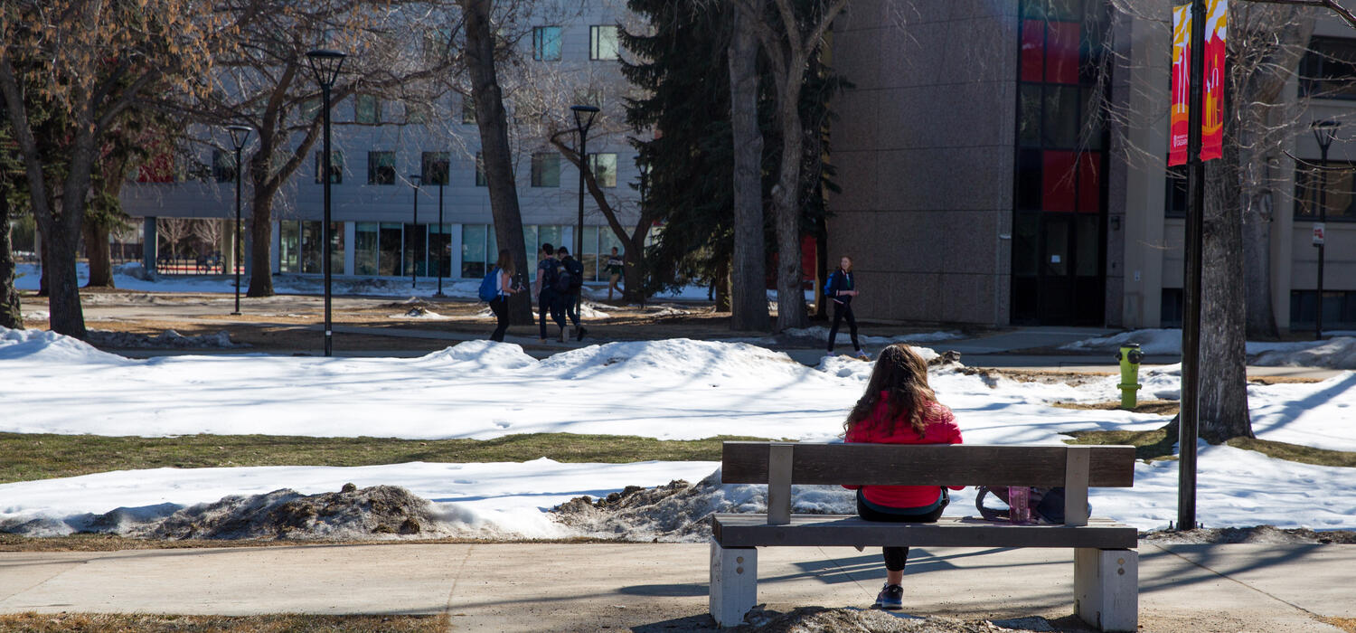 Student sitting on a bench on campus 