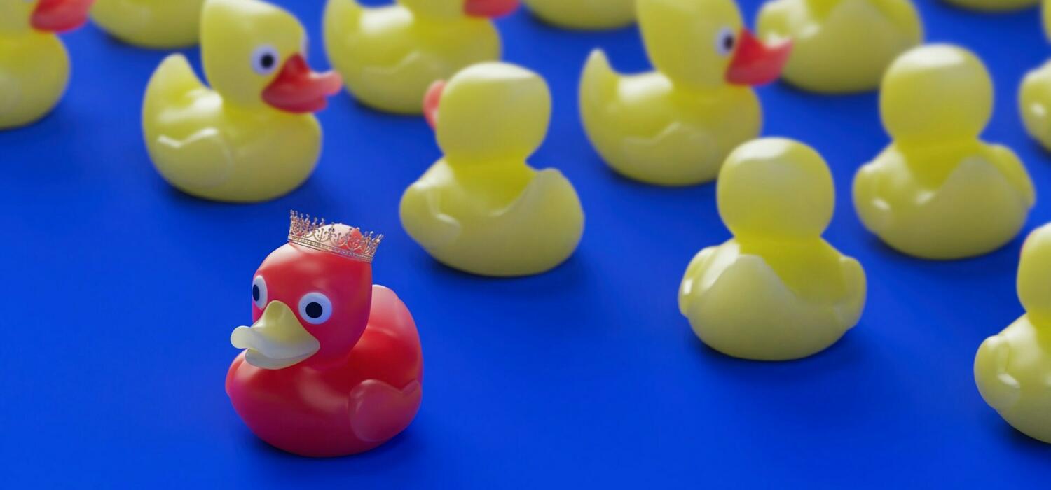 A red rubber duck with a crown is in opposition to a group of yellow rubber ducks, 3D rendered illustration