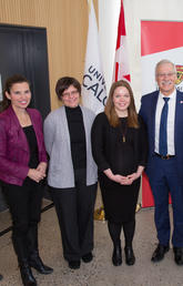 At the Canada Research Chair announcement at the University of Calgary, from left: Kirsty Duncan with Sabine Gilch, Brandy Callhan, André Buret, Lesley Rigg, and Leo Belostotski