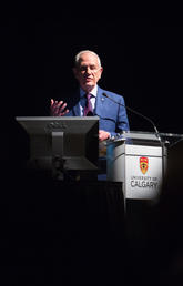 Distinguished Canadian architect Douglas Cardinal gives the keynote presentation at the Faculty of Environmental Design's Indigenous Design Thinking symposium. The event encourages Indigenous students to pursue careers in architecture, planning and landscape architecture. Photos by Riley Brandt, University of Calgary