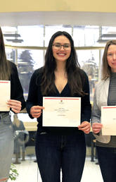 UCalgary students Abigail Skaudis, left, and Jennifer Bohn, centre, scripted, performed and produced Growth over Grades with the support of Leah Tellier, sessional instructor for the Faculty of Nursing. Photo by Jodi Egan, University of Calgary