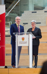Ed McCauley, vice-president (research) at the University of Calgary, and Dru Marshall, provost and vice-president (academic), speak at a town hall on Thursday where the renewed Academic and Research Plans were presented. Photo by Riley Brandt, University of Calgary