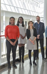 The 2018 3MT finalists, from left: Cindy Kalenga, Chidera Nwaroh, Afrooz Eshraghian, Rylan Graham, Pouyan Keshavarzian, Jaqueline Lourdes Rios, Shabab Saad, Summer Helmi. Not pictured: Sydney Harvey, Leah Ferrie. Photo by Dan Ferguson, Faculty of Graduate Studies