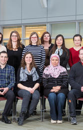 AIHS Postgraduate Fellowship recipients, front row, from left: Xavier Waltz, Toni Sterley, Basant Abdulrahman, and Matthew Spencer. Back row, from left: Charlie Hsu, Darren Clark, Emilie Magaud, Lauren Drogos, Jennifer Semrau, Ying Zhu, Kun Shao, and Jillian Beveridge. Photo by Riley Brandt, University of Calgary