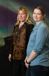 Susan Skone, associate professor in geomatics engineering (left), and Emma Spanswick, associate director of the Aurora Imaging Group, are both working with the Canadian Space Agency to look at how space weather is interfering with GPS signals. Photo by Riley Brandt, University of Calgary 