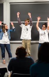 Graduate students learn the theatrical technique of improvisation, that helps them adapt quickly and smoothly to their surroundings when doing presentations. From left: Stacia Leonard, Jennifer Giesbrecht, David Garrett, Shadi Moghaddasi, and Ana Maria Mendoza. Photos by Riley Brandt, University of Calgary