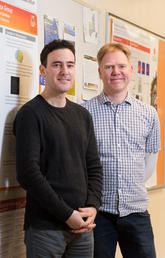 Joseph Hickey, left, here with Jörn Davidsen, has an interest in societal structures and the level of inequality in a society, partly arising from his past work in campus politics and civil liberties advocacy. He wanted to apply sociophysics to explore how social hierarchies form and change. Photo by Riley Brandt, University of Calgary