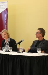 Keynote presenters Janine Wiles, centre, and Andrew Wister, right, along with Brenda Strafford Centre on Aging academic lead David Hogan at the Resilience in Aging: Exploring People, Places, and Policies event on Oct. 3. O'Brien Institute for Public Health photo