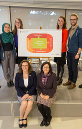 Former and current SU student representatives and leadership marked the opening of the Science Collaborative Space on Jan. 25. From left, standing: Julie Le, Houda El Sidawi, Tina Miller, Cindy Graham, Stephan Guscott, Zach Risdon, and Conrad Jaeger. From left, seated: Lesley Rigg, Susan Barker. Photo by Adrian Shellard for the Faculty of Science