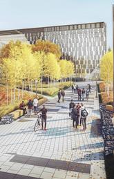 Shown is a rendering of Swann Mall’s revitalized landscape featuring region-specific trees and vegetation, and new pathways leading up to the MacKimmie Tower and Block. Detours will be in effect in Swann Mall starting April 27 as landscaping gets underway. 