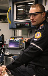 In this simulation Greg Sikora, EMS paramedic, is wearing the eye tracking glasses that assisted in the study. 