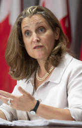 Deputy Prime Minister and Minister of Finance Chrystia Freeland responds to a question during a news conference on Aug. 20, 2020 in Ottawa.