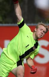 Soccer goaltender Jake Ruschkowski in action for the Dinos