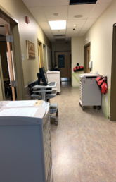 Med carts in hallway of Clinical Simulation Learning Centre at UCalgary Nursing.