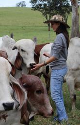 Dr. Maria Camila Ceballos standing in a field with cows.