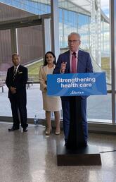 UCalgary President Ed McCauley speaks at the University of Lethbridge, alongside U of L President Digvir Jayas and Minister of Advanced Education Rajan Sawhney.