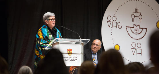 Dru Marshall speaks at two-year anniversary of UCalgary's Indigenous Strategy, ii' taa'poh'to'p.