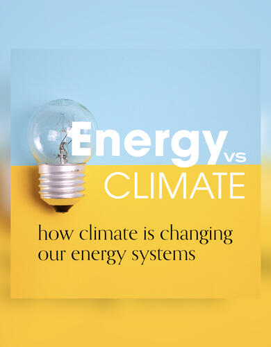 A blue and yellow visual with a lightbulb and the words 'Energy vs. Climate'