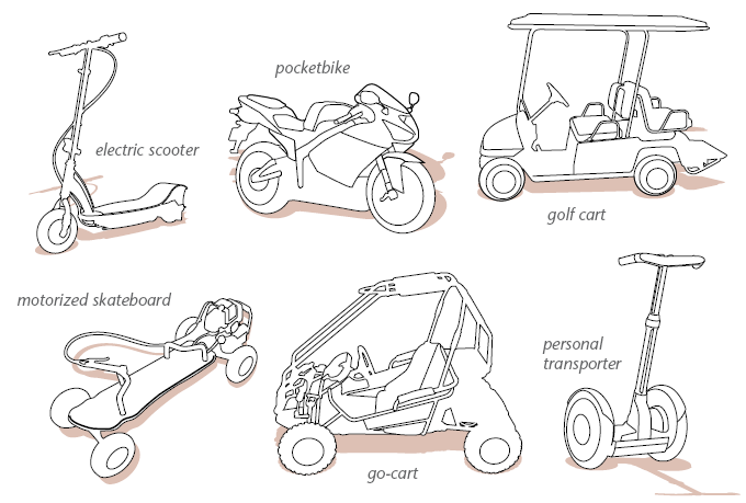 Unlicensed Vehicles Go-cart, scooter, skateboard, pocketbike, golf cart, and personal transporter