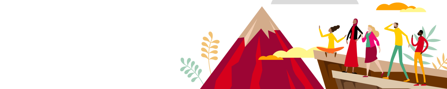 Illustration of a mountain and people standing on cliffs.