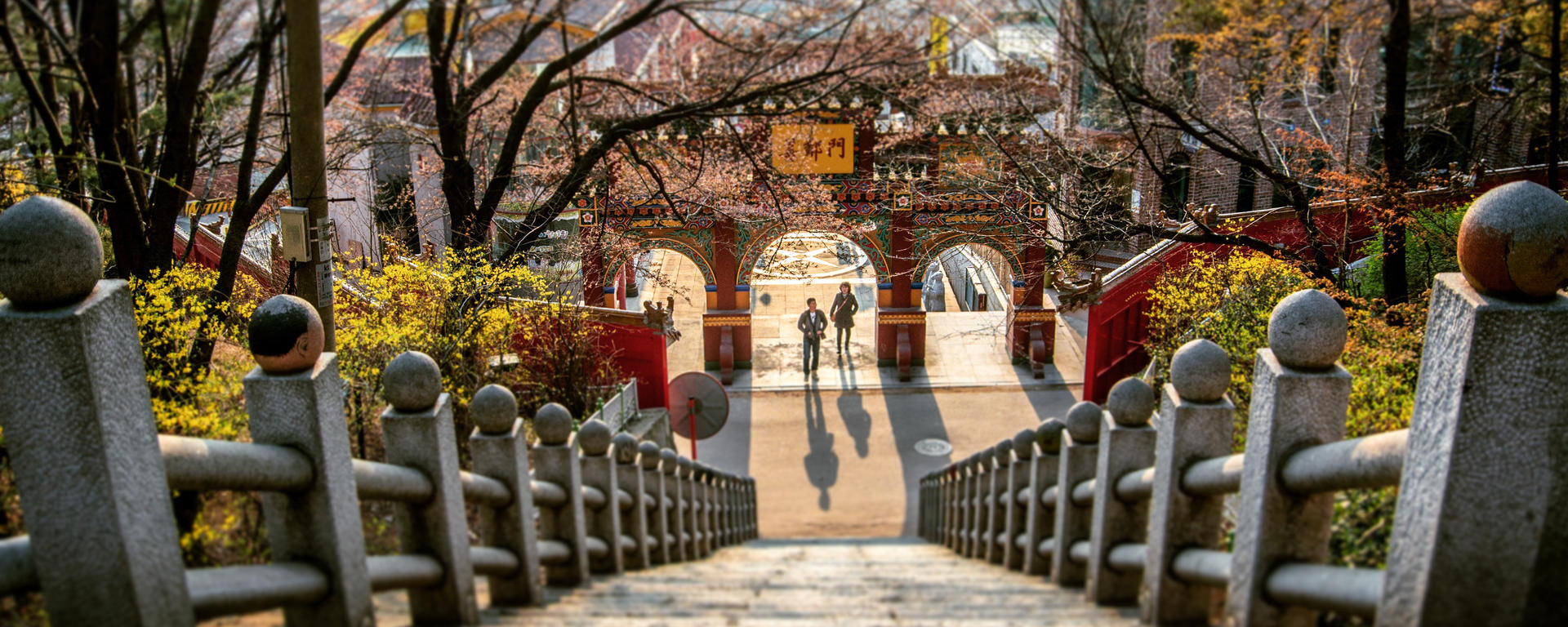 Photo taken in Japan, looking down stone steps towards an elaborate arched temple gate