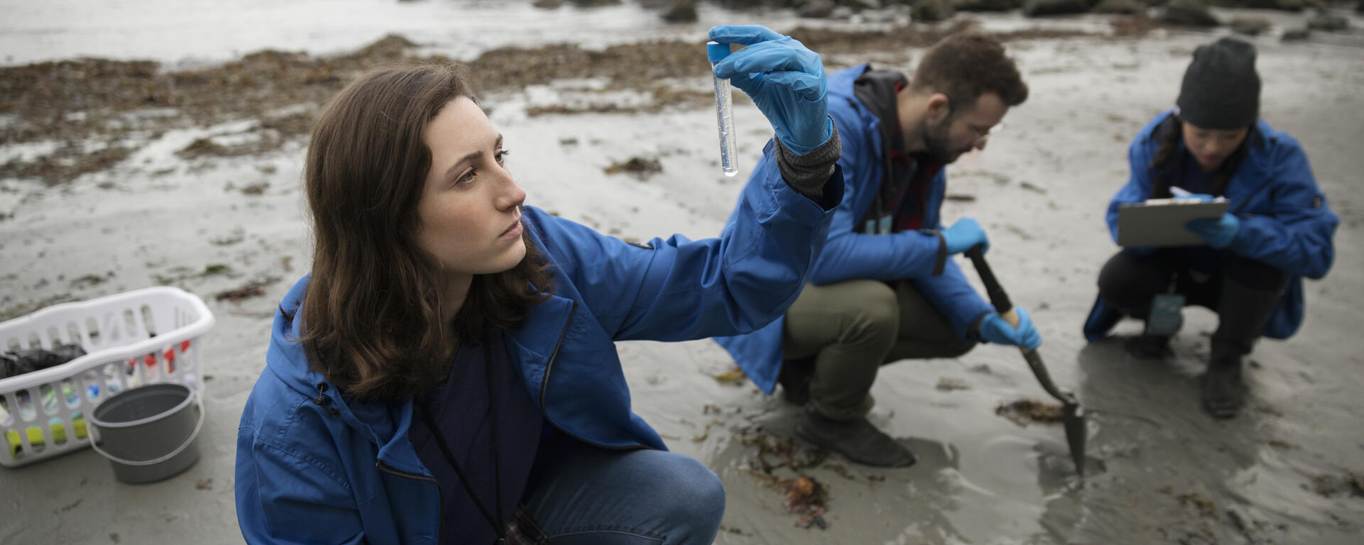 A young person with long brown hair examines a test tube of something on a beach with other researchers in the background.