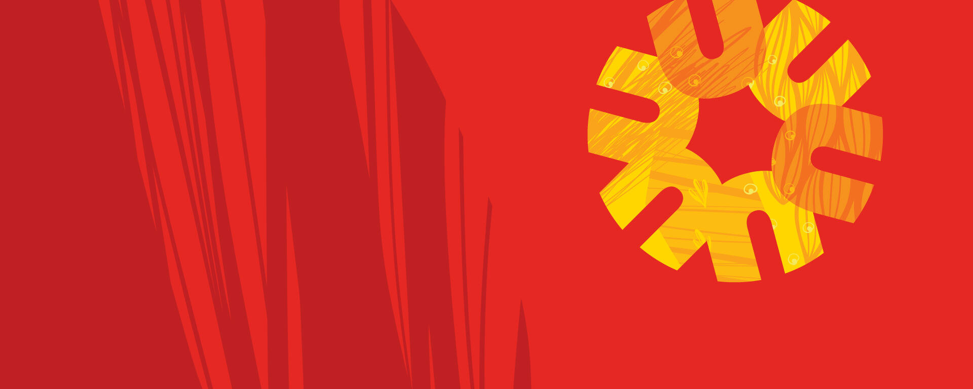 Red background with gold spark in upper right hand corner.
