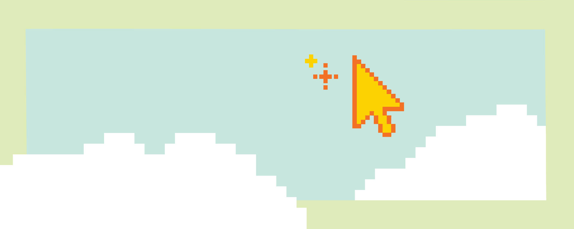 Pixelated clouds with a pixelated cursor with click stars next to it.