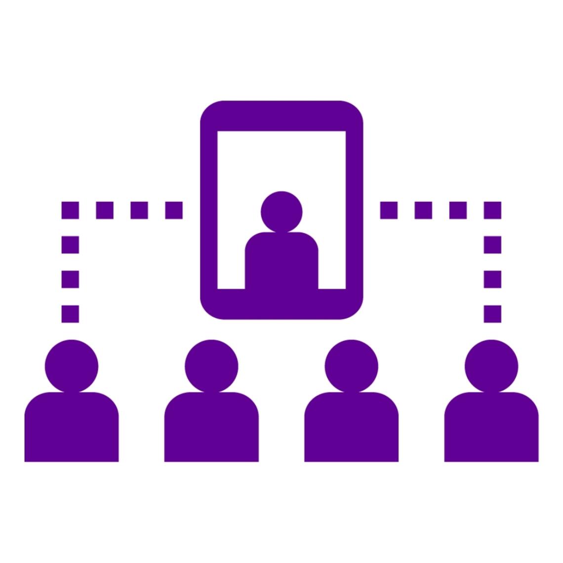 Icon of four people connected by a line to a fifth person in a screen.