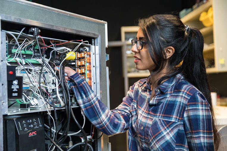 Student observing wires