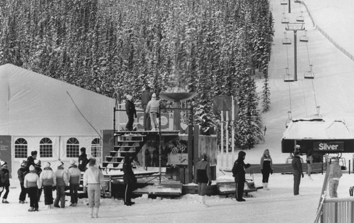 Ceremonial lighting of the torch at Nakiska, 1988 Ceremonial lighting of the torch at Nakiska, where the alpine events were held during the 1988 Winter Olympics