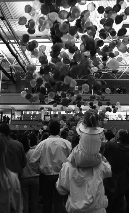 Image of balloons rising to the ceiling of the Jack Simpson Gymnasium during the University of Calgary's 25th anniversary celebration. Image of balloons rising to the ceiling of the Jack Simpson Gymnasium during the University of Calgary's 25th anniversary celebration.