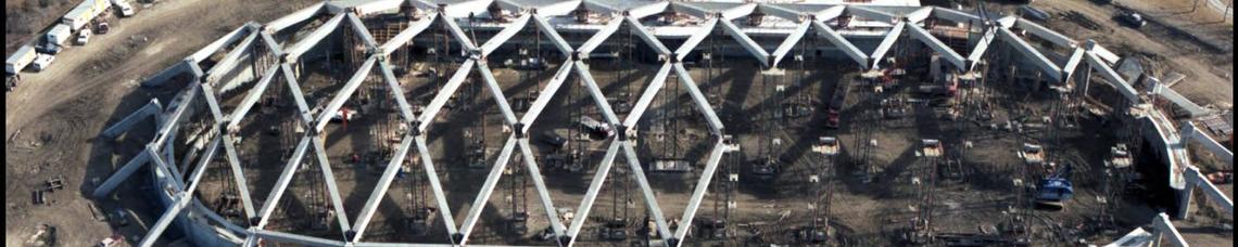 An aerial view of the unique roof of the Olympic Oval under construction