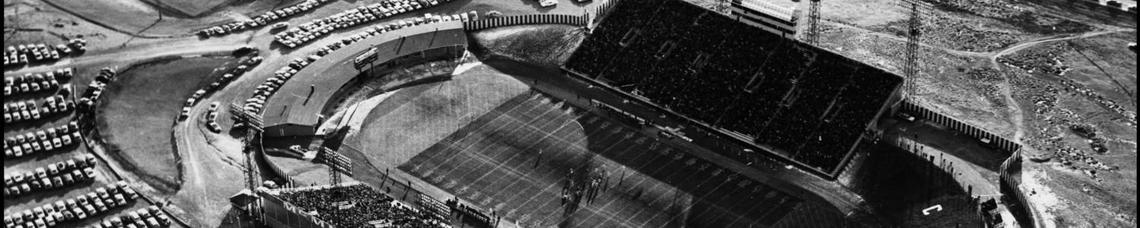 An aerial view of a football game at McMahon Stadium