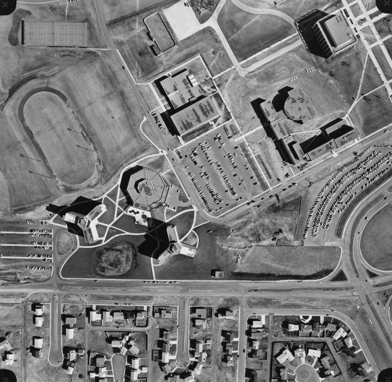 Image of a vertical aerial photograph of the University of Calgary campus showing Rundle and Kananaskis Halls, the Dining Centre, Calgary Hall, Physical Education, and the Library Block.