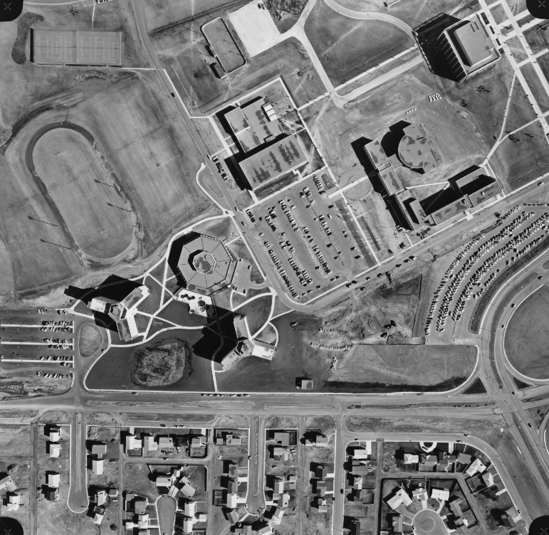 Image of a vertical aerial photograph of the University of Calgary campus showing Rundle and Kananaskis Halls, the Dining Centre, Calgary Hall, Physical Education, and the Library Block. Image of a vertical aerial photograph of the University of Calgary campus showing Rundle and Kananaskis Halls, the Dining Centre, Calgary Hall, Physical Education, and the Library Block.