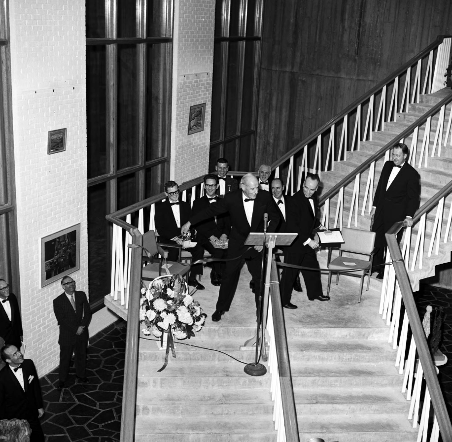 Image of Lieutenant-Governor Grant MacEwan preparing to cut the ribbon to open the University Theatre and music wing of Calgary Hall